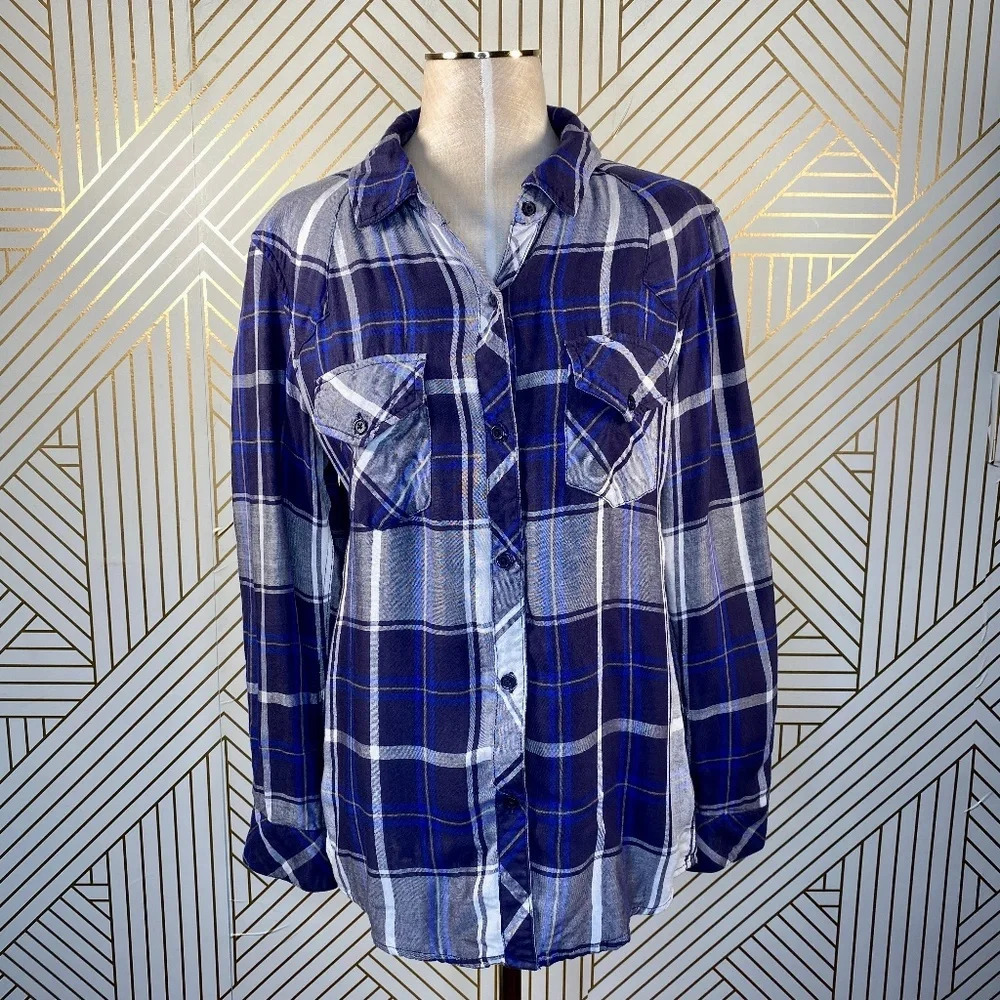 Rails Blue Tencel Check Plaid Button Down Top